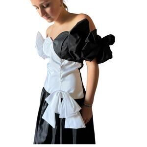 American vintage 80's Prom Black & White drop waist dress with bows size S-M